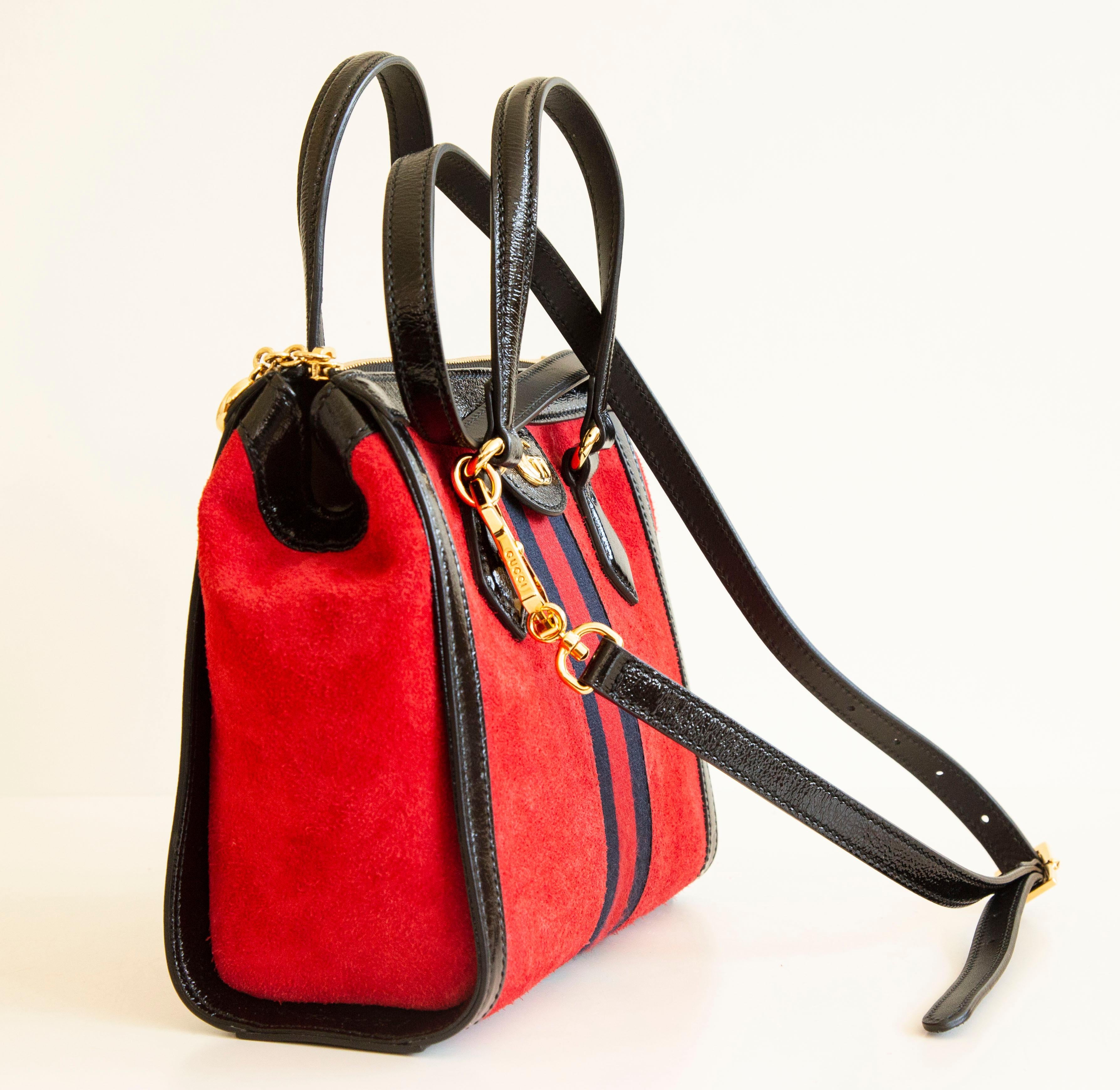 NEW Gucci Ophidia two-sided tote bag in red suede and black glossy leather trim