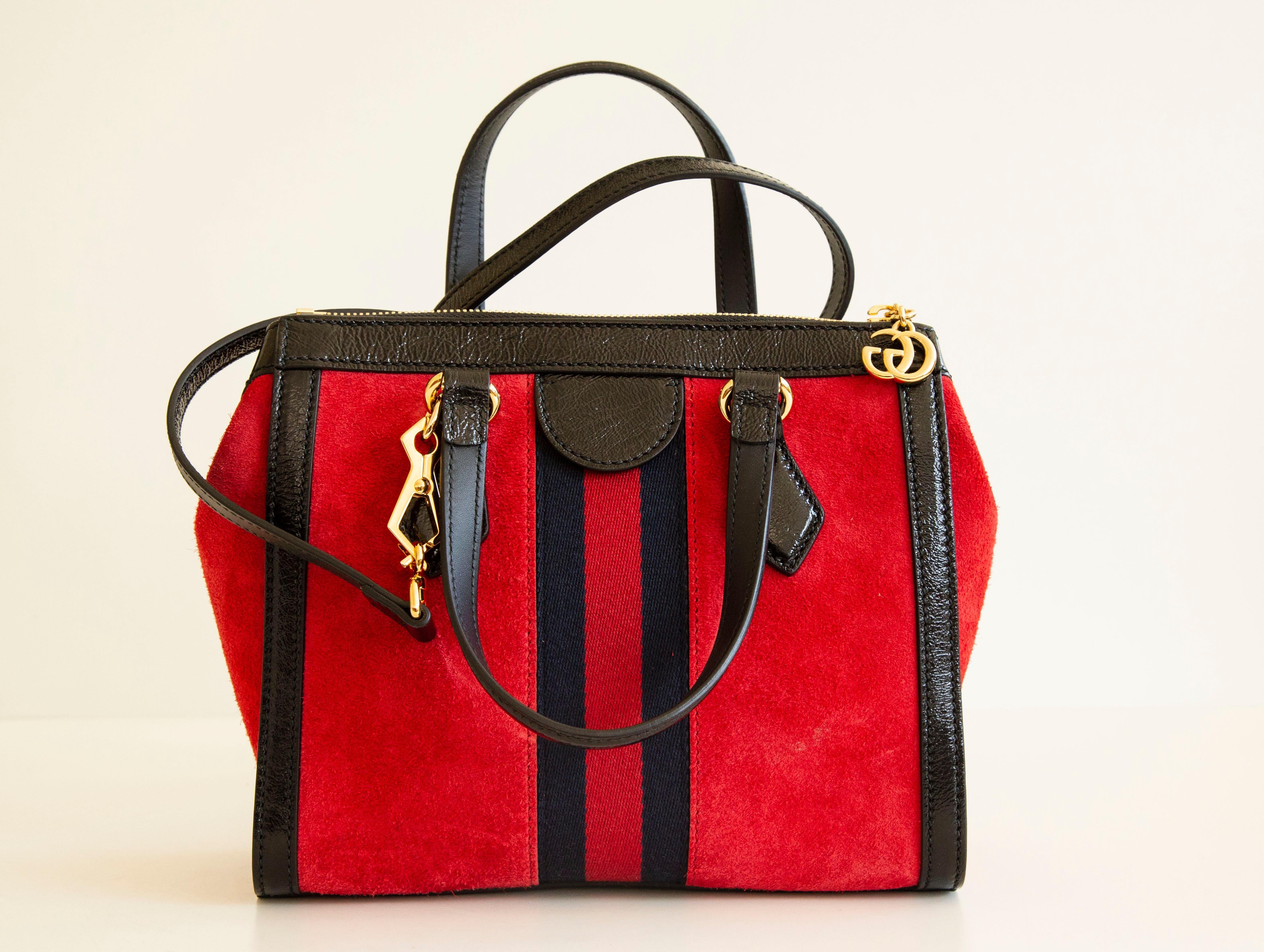 NEW Gucci Ophidia two-sided tote bag in red suede and black glossy leather trim