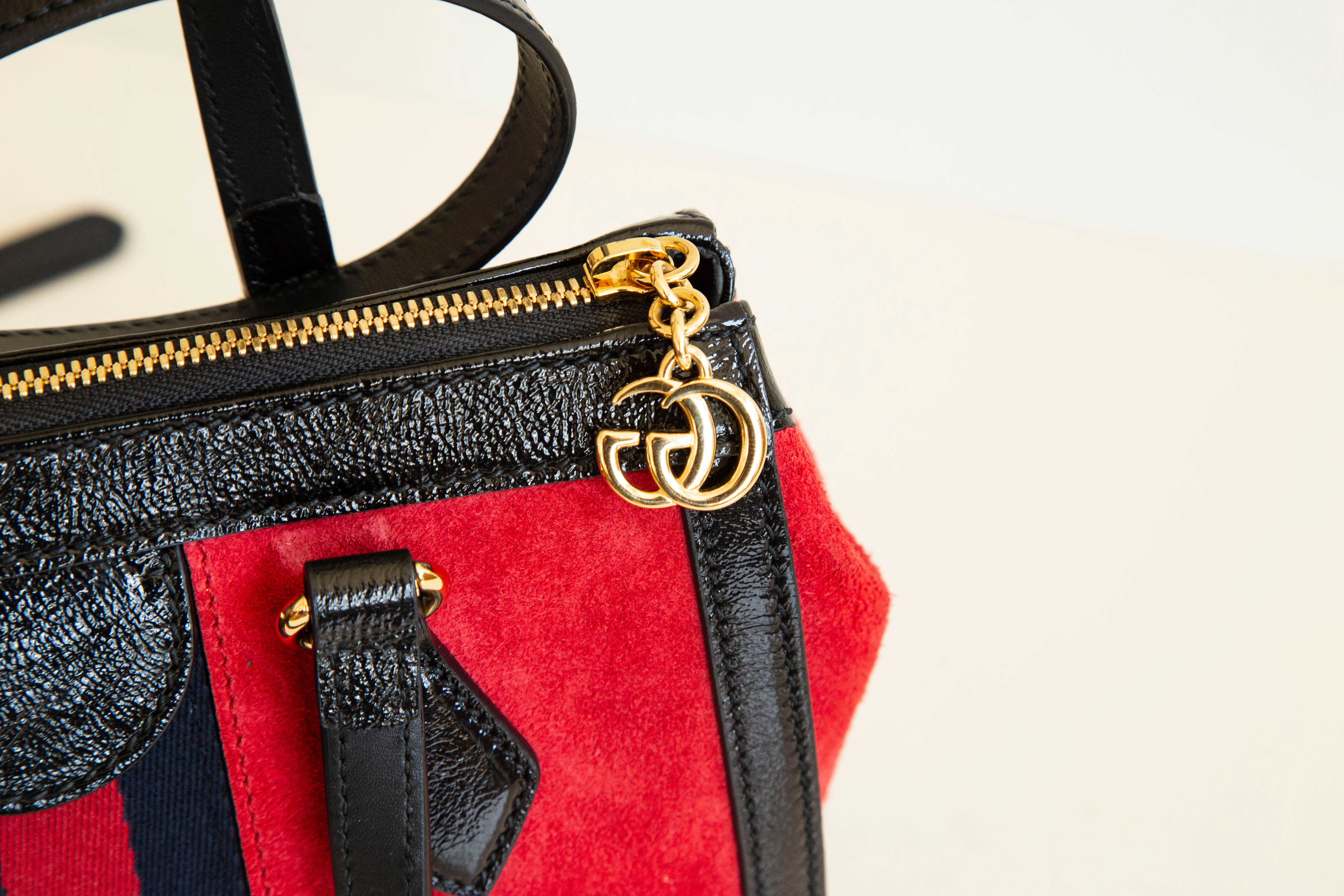 NEW Gucci Ophidia two-sided tote bag in red suede and black glossy leather trim