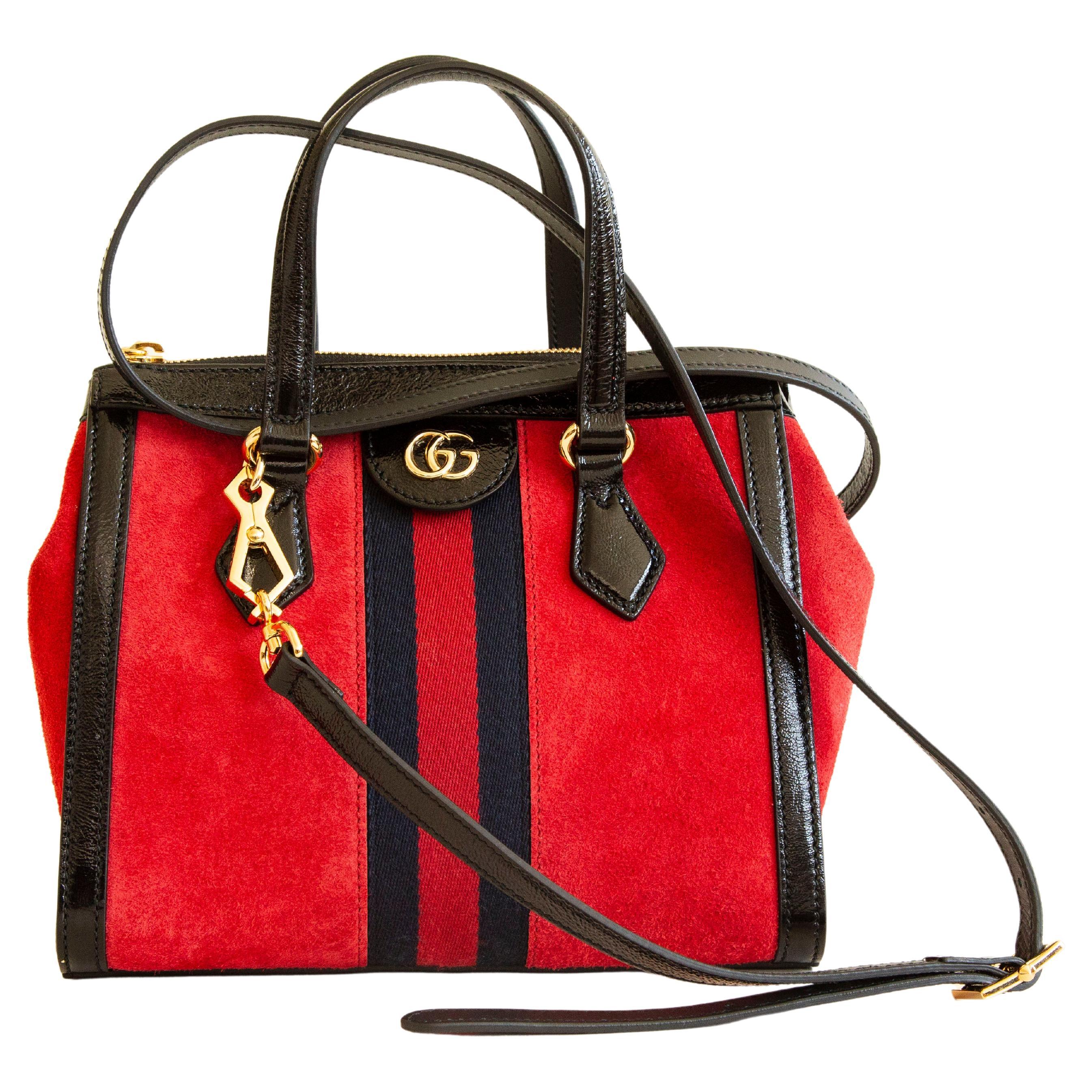 NEW Gucci Ophidia two-sided tote bag in red suede and black glossy leather trim
